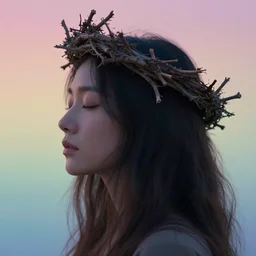 A woman's profile, long hair, closed eyes, wearing a twig crown in the style of Noriaki Kimura. masterpiece. hq. detailed. moody. gradient pastel color background. cinematic.