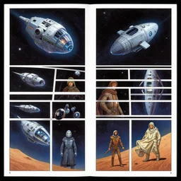 jodorowsky's dune cryogenic tears of hyperspace loneliness spaceships photorealistic graphic novel layout by michael komarck, greg rutkowski, victo ngai, artgerm, willem claesz heda and j. dickenson roger deakins