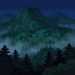 night, forested mountains, big mountains, cold light, dense forest, overhead view, fog, 2 d disney cartoon style