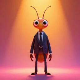 colorful full body shot of a thin anthropomorphic bug  with big eyes wearing a suit, with long thin antennae, trending on artstation, trending on deviantart ,cinematic backlighting, 8k, symmetrical, correct proportions, hyper detail illustration by tim schafer, vibrant colors, by pixar, orange lights, pink shadows