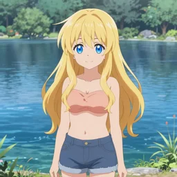 a very beautiful anime girl, full body, long wavy blond hair, sky blue eyes, full round face, short smile, cute top, short jeans, summer lake setting, shy ,cinematic lightning, medium shot, mid-shot, highly detailed, trending on Artstation, Unreal Engine 4k, cinematic wallpaper by Stanley Artgerm Lau, WLOP, Rossdraws, James Jean, Andrei Riabovitchev, Marc Simonetti, and Sakimichan