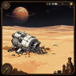 next to the wreckage of a crashed spacecraft on a remote desert planet, from a space themed point and click 2 d graphic adventure game, art inspired by steampunk and thomas kinkade