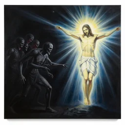 black background. evil and badness attack christ from one side, but from christ's other side emerges light and life. like a prism with light passing through it. contrast of evil and good | painting by craig mullins. symbolic mural