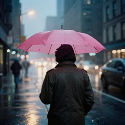 street of new york photography, night, rain, mist, a umbrella pink, cinestill 8 0 0 t, in the style of william eggleston