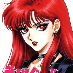 highly detailed professional portrait of 9 0 s seinen manga art of badass goth woman with red hair, black makeup, and red eyes. chunibyo. manga cover promotional art. drawn by