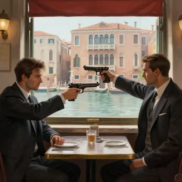 two criminals in suits pointing pistols at each other in a cafe in venice, window overlooking venice canals, digital painting, amazing detail, sharp, intricate, smooth, artstation, in the style of greg rutkowski