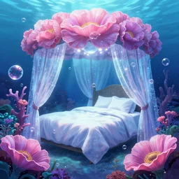 deep - sea bedroom with a sea flower canopy bed in a sparkling anemone garden, bubbles, underwater scenery, radiant lighting, artstation, alena aenami, leiji matsumoto