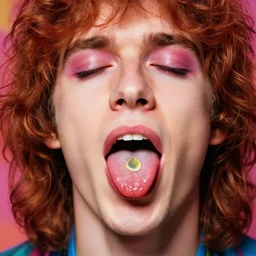 a colorful vibrant closeup portrait of a King Crimson licking a tab of LSD acid on his tongue and dreaming psychedelic hallucinations, by kawase hasui, moebius, Edward Hopper and James Gilleard, Zdzislaw Beksinski, Steven Outram colorful flat surreal design, hd, 8k, artstation