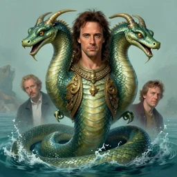 two - headed hydra of lerna, jim carey as lloyd christmas and jeff daniels as harry dunne ( from dumb and dumber ), serpentine water monster, aquatic, d & d, fantasy, portrait, highly detailed, digital painting, trending on artstation, concept art, sharp focus, illustration, art by artgerm and greg rutkowski and magali villeneuve