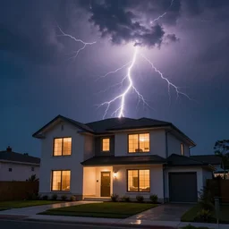 a lightning hitting a modern house, photograph, realistic, thunderstorm midnight