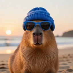 a photorealistic picture of a knitted smiling capybara wearing blue sunglasses and a beanie cap at the beach during sunset Trending on Artstation, featured on Behance, well-rendered, fine detail, extra crisp image, Unreal Engine, 4K HD