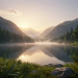 photo of beautiful sunrise on the mountain lake, summer, dslr, octane render, cryengine, foggy