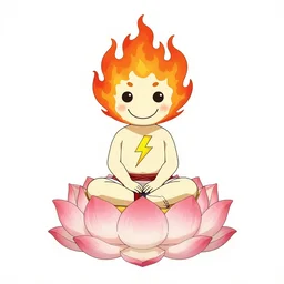 popcorn lightning yokai, in the style of a manga character, with a smiling face and flames for hair, sitting on a lotus flower, white background, simple, clean composition, symmetrical