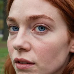close up portrait photo of the left side of the face of a redhead woman with blue eyes and big black round pupils who looks directly at the camera. Slightly open mouth, face covers half of the frame, with a park visible in the background. 135mm nikon. Intricate. Very detailed 8k. Sharp. Cinematic post-processing. Award winning photography, steve mccurry