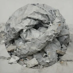 sharp round depth, painterly warped wadded knotted heap, dull grey expressionism, masterful rendering of construction rubble