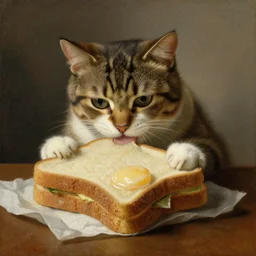 beautiful painting of a cat eating a big sandwich by Rembrant