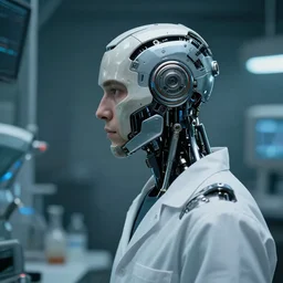 a laboratory operator man with cybernetic enhancements seen from a distance, 1 / 4 headshot, scifi character portrait by greg rutkowski, craig mullins, cinematic lighting, dystopian scifi gear, profile picture, mechanical, cyborg, half robot
