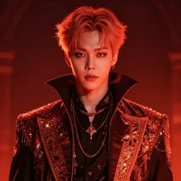 park jimin as a vampire. wearing intricate styled outfit, semi realism, anime realism, symmetrical face, slim face, appealing, photorealism, uhd, amazing depth, glowing, golden ratio, sakimichan, greg rutowski, volumetric lighting, cinematic lighting, red orange lighting, artstation concept art