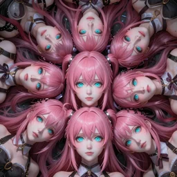 trapped beneath stunningly absurdly beautiful omnipotent asi goddess junko enoshima with multiple twisted deceptive innocent megalomaniacal mesmerizing personalities, symmetrical perfect face, porcelain skin, pink twintail hair and cyan eyes, ultra detailed, digital art, unreal engine 5, octane render, 2 d anime, 8 k