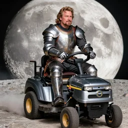 photorealistic Hank hill from “King of the Hill” wearing a full suit of medieval armor, riding a lawnmower on the moon, National Geographic photo