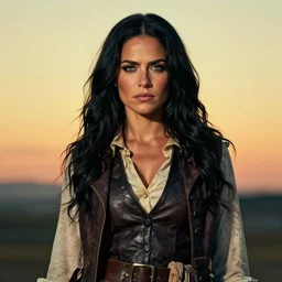 an award winning outdoors portrait photo of a silky hair tanned greek alexandria ocasio cortez smug 1 7 0 0 s dirty caribbean italian olive tanned young pirate woman with black silk hair, slightly big nose defined jaw, very beautiful, smug face, blue eyes, wearing a vest and short coat, sunset, movie color graded