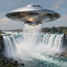 Niagara Falls being visited by a large UFO, an epic painting, glinting metal, volumetric lighting, intricate, elegant, highly detailed, digital painting, artstation, concept art, smooth, sharp focus, art by Maciej Kuciara