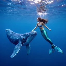 photo of a mermaid stroking a blue whale