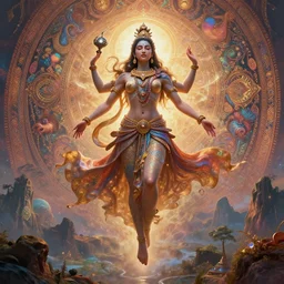 overdetailed maximalist fullbody portrait of a beautiful female energy being reminds to shiva transcending to her true form while floating over a surreal landscape. Made by oozium, inspired by silvio vieira, overpainted by loish. 8k 3d realistic render. Bright, sacred, spiritual, dawn, backlit, calm, relaxed, dynamic, ethereal, arcane, intricate, mysterious, dramatic, cinematic. Seen from below. Overpaint in Indian tapestry style