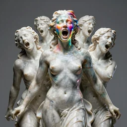 sculpture statue of Emma Watson by Jean-Baptiste Carpeaux and Luo Li Rong and Michael James Talbot, all body, very emotional screaming expressions, perfect symmetrical face, psychedelic colors, rainbow glass shining marble, in full growth, elegant, realistic, 8K, female full-skin figure, hyperrealism, subsurface scattering, raytracing, rim light, Octane Render, Redshift, Zbrush