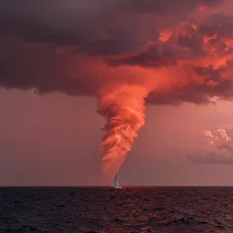 Fire tornado in the open ocean. The stormy sky smoothly turning into the sea. ninth shaft. Small sailboat. Soft colors. Crimson tones, Scarlet tones.