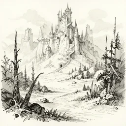 a sketch of a fantasy landscape, ink on paper, photo
