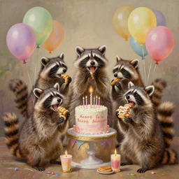 a raccoon party with balloons, celebrating, eating, extremely happy raccoons, birthday painting, elegant intricate digital painting artstation concept art by mark brooks and brad kunkle detailed