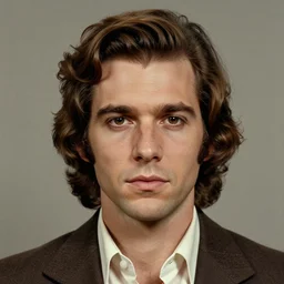 A mugshot portrait of a man who looks like Jerma985 with medium length wavy hair, a combover and wearing late 1970s menswear in the late 1970s, taken in the late 1970s, grainy, realistic, hyperrealistic, very realistic, highly detailed, very detailed, extremely detailed, detailed, digital art, trending on artstation, front facing, front view, headshot and bodyshot, detailed face, very detailed face
