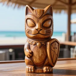 a closeup photorealistic photograph of a wooden cat woman style trader vic's tiki mug with her face on it at the beach bar. bright scene. shield. fine detail. this 4 k hd image is trending on artstation, featured on behance, well - rendered, extra crisp, features intricate detail, epic composition and the style of unreal engine.