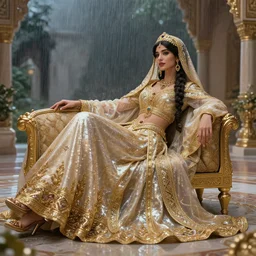 an arabian princess relaxing in her palace, raining outside, shiny, fantasy, intricate, elegant, hyper detailed, ultra definition, photoreal, artstation, unreal engine rendered, concept art, smooth, sharp focus, illustration, art by artgerm and greg rutkowski and alphonse mucha and garis edelweiss