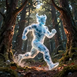 an ice man running through the woods of hell, volumetric, style alvin schwartz, epic angles,