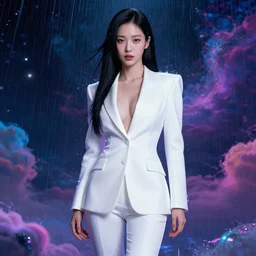 hoyeon jung in a white revealing cyberpunk seductive suit, emerging from neon multicolored rain falling from cosmic clouds in interstellar deep space atmosphere, smooth, sharp focus, face anatomy, cute complexion, majestic, seductive, by wlop, android james, ilya kuvshinov, james jean, vincent di fate
