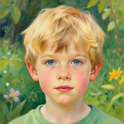 a cute seven year old boy with short tousled blonde hair and blue eyes in a lovely garden, beautiful painting by artgerm and greg rutkowski and alphonse mucha, highly detailed face