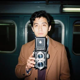medium shot portrait in new york subway photographed at night with flash on analog medium format rolleiflex film, 1 9 6 0 s film street photography, vintage expired colour film photograph