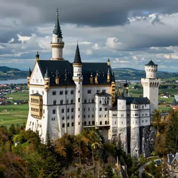 fantasy celtic castle surrounded by urban sprawl, castle has many towers, photorealistic, hyper detailed, hohenzollern castle