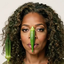 a dish of oprah winfreys face fused with okra veg with green stalky ( ( green oprah winfrey's face ) ), okra shaped stalk nose, oprah okra winfrey sentient veg, by greg rutkowski