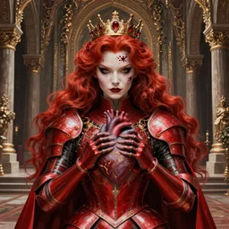 redhead queen knight in red armor, exposed beating heart in chest with gold veins, inside grand hall in castle with rococo aesthetic, crown, scar face, elden lord, intimidating, high fantasy, intricate detail, digital painting, artstation, concept art, smooth, sharp focus, illustration, art by yoshitaka amano and monia merlo and wlop
