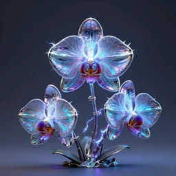 3 d photographic render of an orchid sculpture, bioluminescent chrometype, made of liquid metal, neotribal with thorns and thunders, cyberpunk, raytracing, hyper realistic, volumetric lightning, 8 k, by zhelong xu and ouchh studio