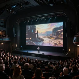 concept art of a small dark musical venue with a large screen in front of a very small but excited crowd by syd mead and craig mullins, futuristic