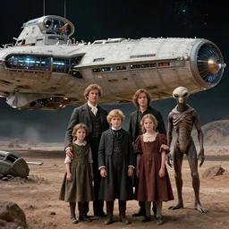 512k film still from a sci fi blockbuster color movie made in 2022, set in 1860, of a family standing in front of a spaceship that has just landed on an alien planet, a humanoid alien creature stands nearby, the family are all wearing 1850s era clothes, cinematic lighting, human faces, extremely good lighting, winner of seven oscars