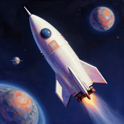 A rocketship about to land on an unfamiliar planet, super cool rocket, Acrylic Paint, Concept Art, Digital Art, 16-bit RGB, Global Illumination, by Bob Byerley, by Claude Monet