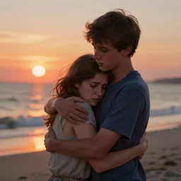 a boy hugging an emotional girl on the beach, sunset, extremely detailed, raytracing, art by artgerm, greg rutkowski and alphonse mucha, artstation