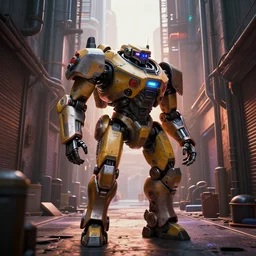a film still from elysium by josh kao, an advanced armoured military mech patrols the narrow alley of an industrial planet city, vibrant, 5 0 mm lens, video game vehicle and environment design, behance hd, studio, urban patrol, evening, dramatic lighting, cinematic, global illumination, trending on artstation, bloom