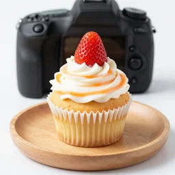 dslr food photography of a single strawberry cupcake, on a wooden plate, with white - orange - striped creme topping and a bottle of blueberry sauce on the side, macro shot, hasselblad, 1 0 0 mm f 1. 8, dynamic lightning