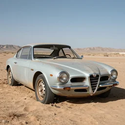 a wrecked 2 0 0 9 alfa romeo brera, abandoned in a desert, dusty, damaged, some rust